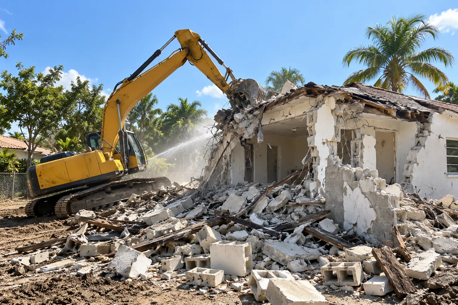 Excavator demolishing a single-story CBS house in Miami