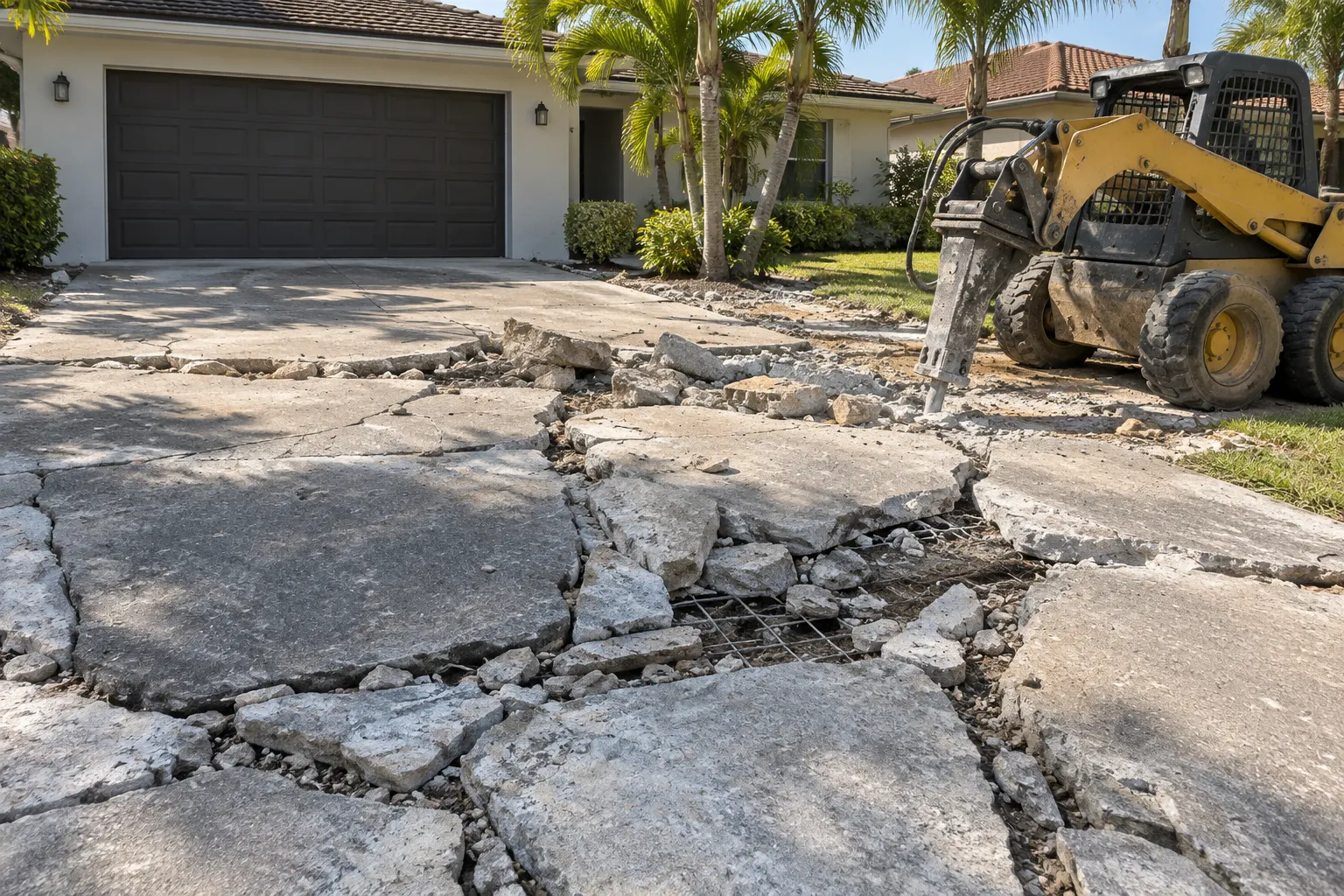 Skid steer breaking out an old concrete driveway in Miami