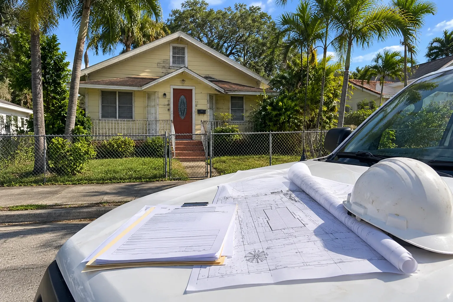 Demolition permit papers and a survey on a truck hood in Miami