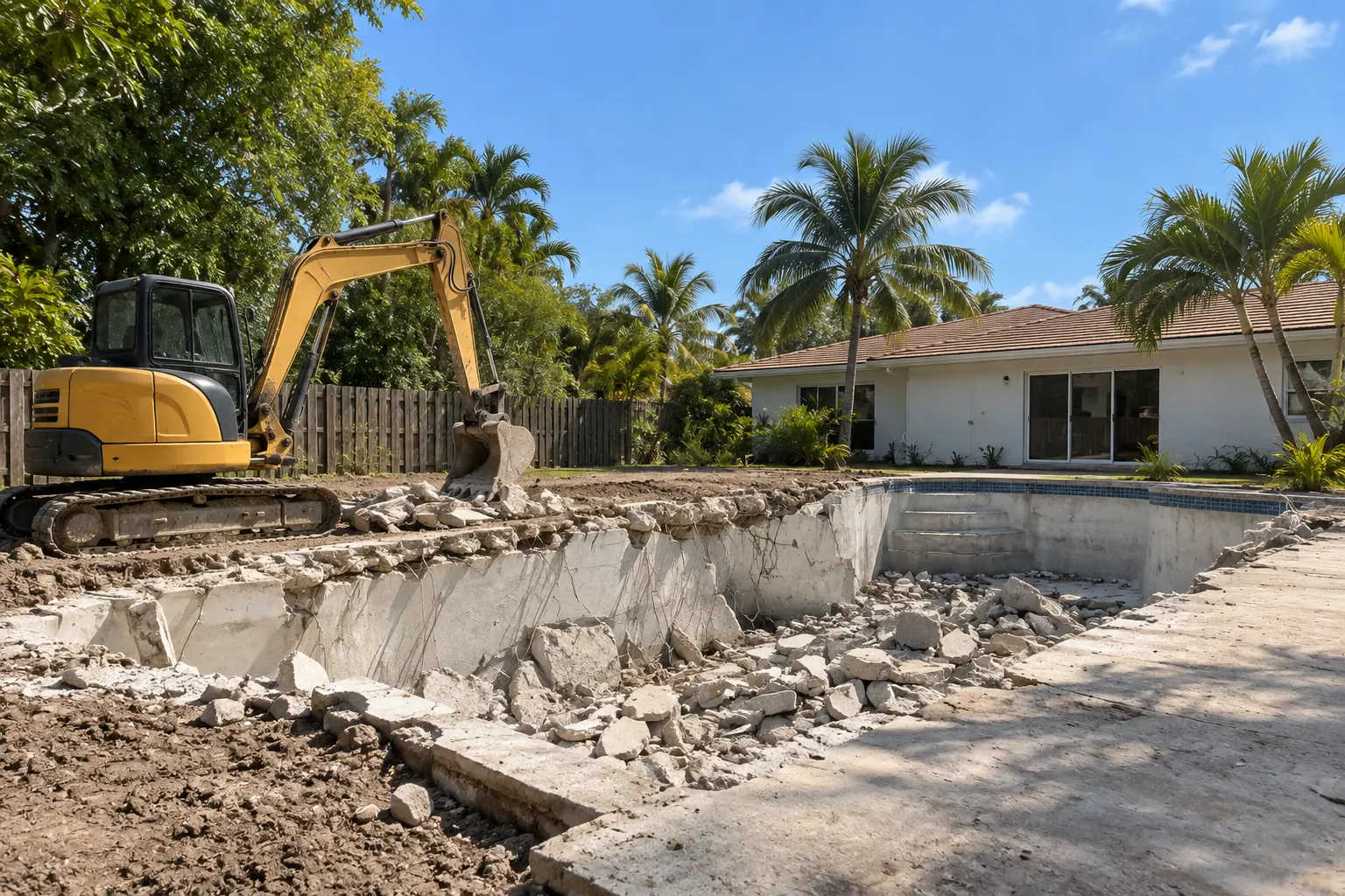 Old pool being broken out in a Miami backyard