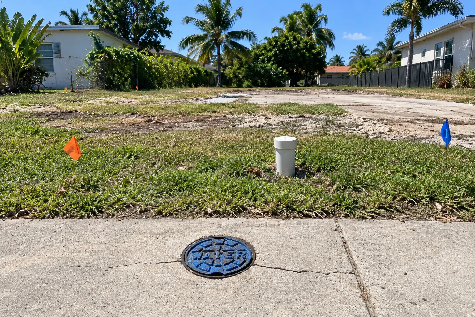 Capped sewer line and marked utilities before a demolition