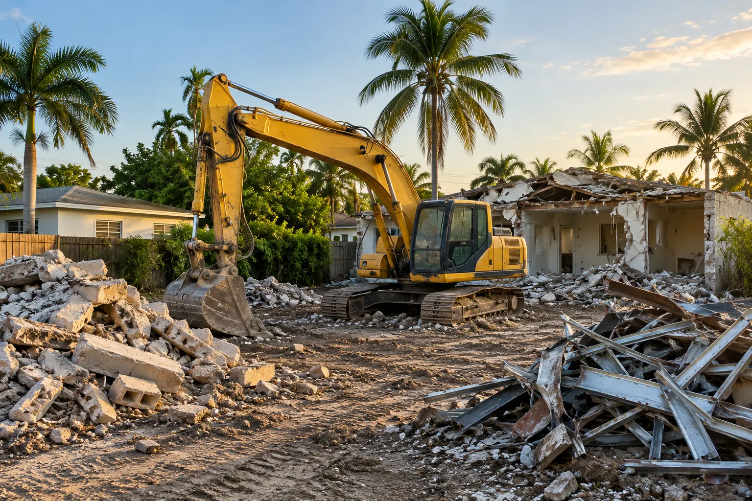 House half demolished with debris sorted in piles in Miami
