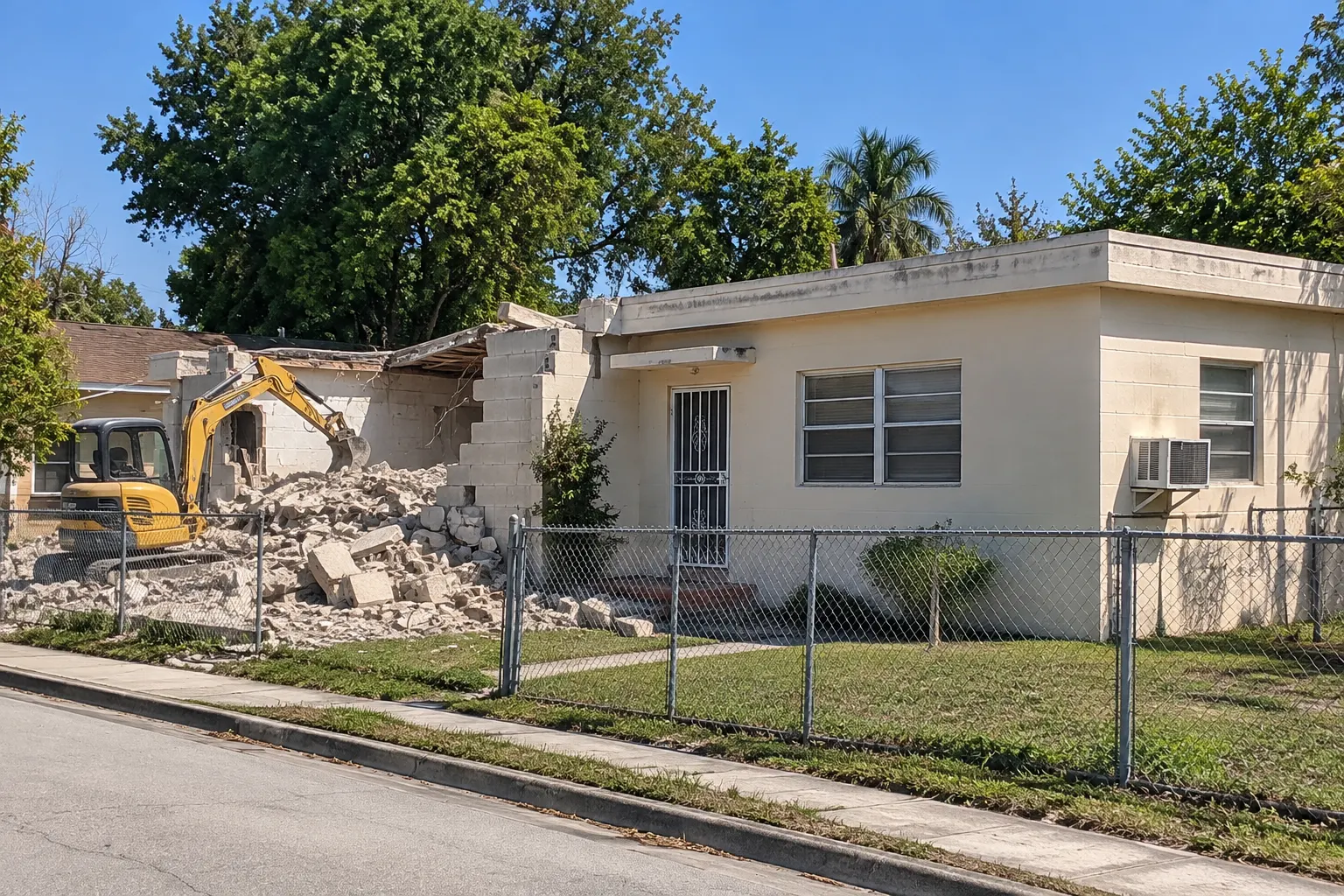 Mini excavator removing an old block addition in Hialeah